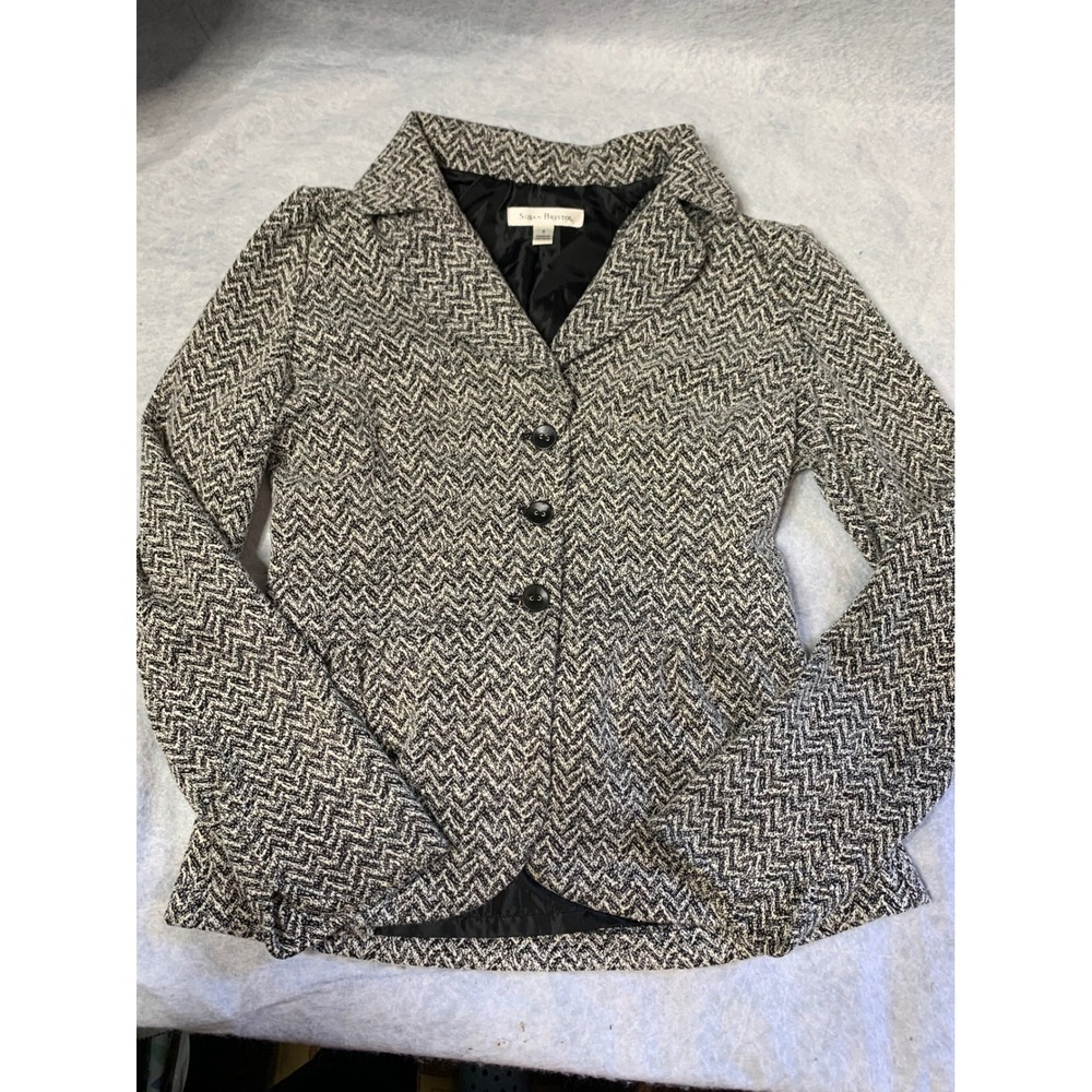 Susan Bristol Herringbone‎ Blazer Small Career Jacket Black Gray peplum 3 button